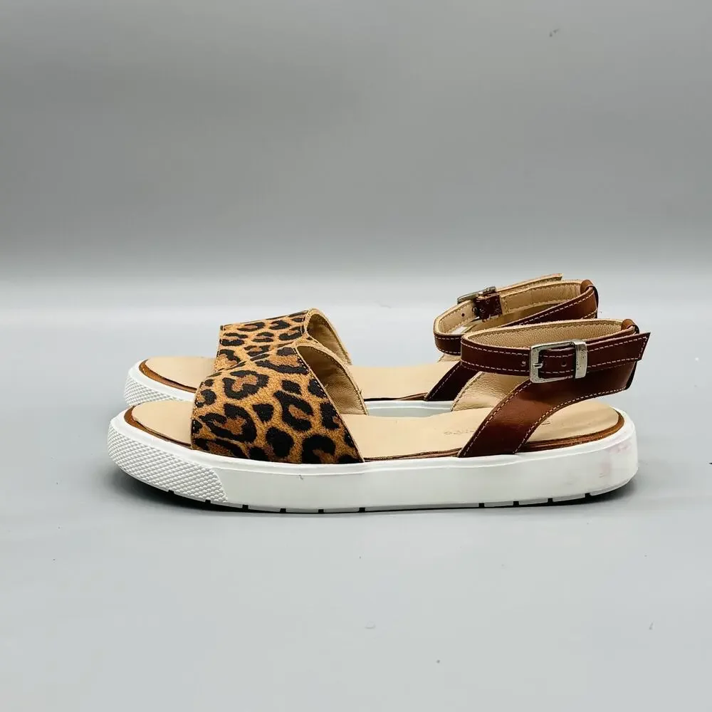 Elephantito Sandals Girls 13 Brown Leather Leopard Print Ankle Buckle Strap